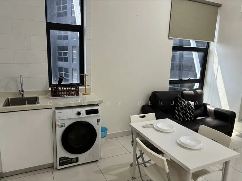 Kitchen features: single-bowl stainless-steel sink, chrome pull-down faucet, white cabinetry, white tiled backsplash, washing machine, white countertop, ceramic tile flooring, floor-to-ceiling windows, roller blinds; style: modern; view: city. Living features: 2-seater black leather sofa, white dining table for 2, 2 dining chairs, decorative cushions, area rug, wall-mounted TV, floor-to-ceiling windows, roller blinds; style: modern; view: city.