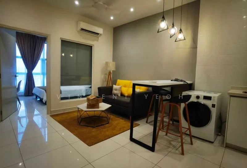 Living features: grey fabric sofa, yellow accent cushion, coffee table with geometric design, area rug in mustard yellow, wall-mounted TV, ceiling fan, recessed downlights, white tiled flooring, large window with sheer curtains, open shelving unit, bar stools, washing machine; style: modern; view: city. Bedroom features: queen-size bed, white bedding, nightstand with lamp, curtains, built-in wardrobe; style: modern.
