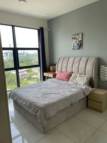 Bedroom features: king-size bed with upholstered headboard, white bedding, two bedside tables, table lamp, floor-to-ceiling windows, grey painted walls, white tiled flooring, decorative artwork on wall, curtains, view of city skyline; style: modern; view: city.
