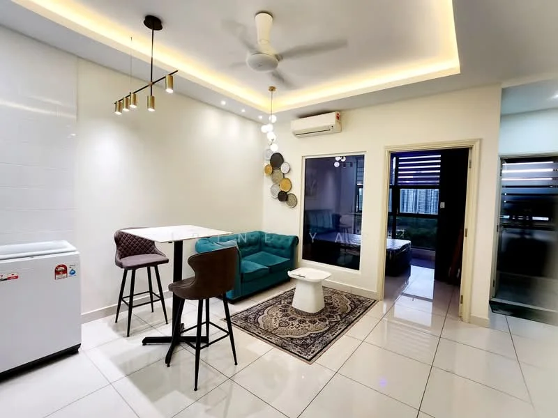Living features: white painted walls, glossy tile flooring, 5-blade ceiling fan with light, recessed LED downlights, sofa in teal fabric, 2 high stools at a breakfast bar, round coffee table in white, decorative area rug with geometric pattern, wall-mounted air conditioning unit, floor-to-ceiling windows with blinds; style: modern; view: city.
