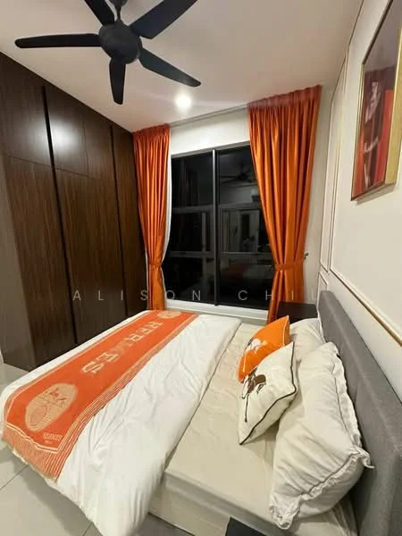 Bedroom features: queen-size bed, upholstered headboard, orange throw blanket, decorative pillows, floor-to-ceiling windows, blackout curtains, wooden wardrobe, white painted walls, ceiling fan with light, tile flooring; style: modern.