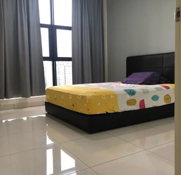 Bedroom features: queen-size bed with black upholstered headboard, yellow and white patterned bedspread, purple pillow, floor-to-ceiling windows, grey curtains, white tiled flooring, light blue painted walls, minimalist decor; style: modern; view: city.