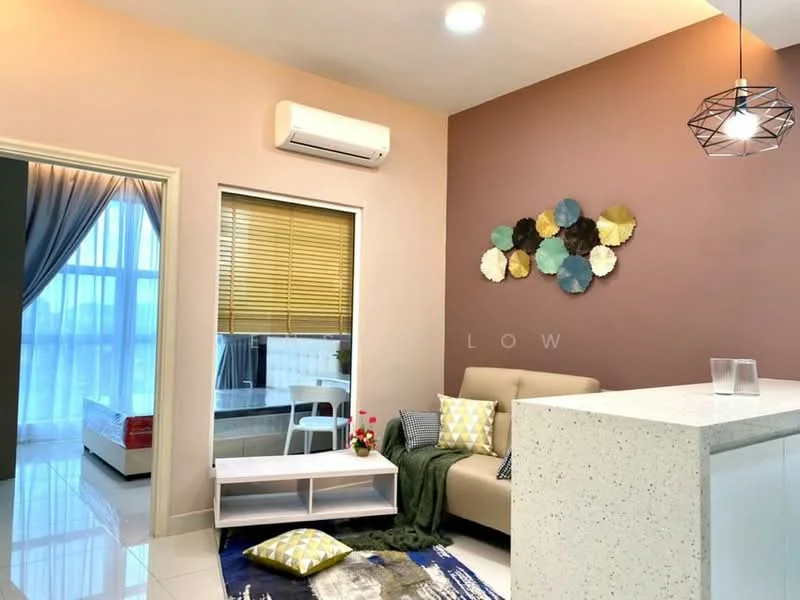 Living features: cream painted walls, grey accent wall, white tiled flooring, 5-blade ceiling fan with light, recessed downlights, floor-to-ceiling windows, roller blinds, sofa in beige, decorative cushions, coffee table, area rug with geometric pattern, wall-mounted decor, potted plants; style: modern; view: city.