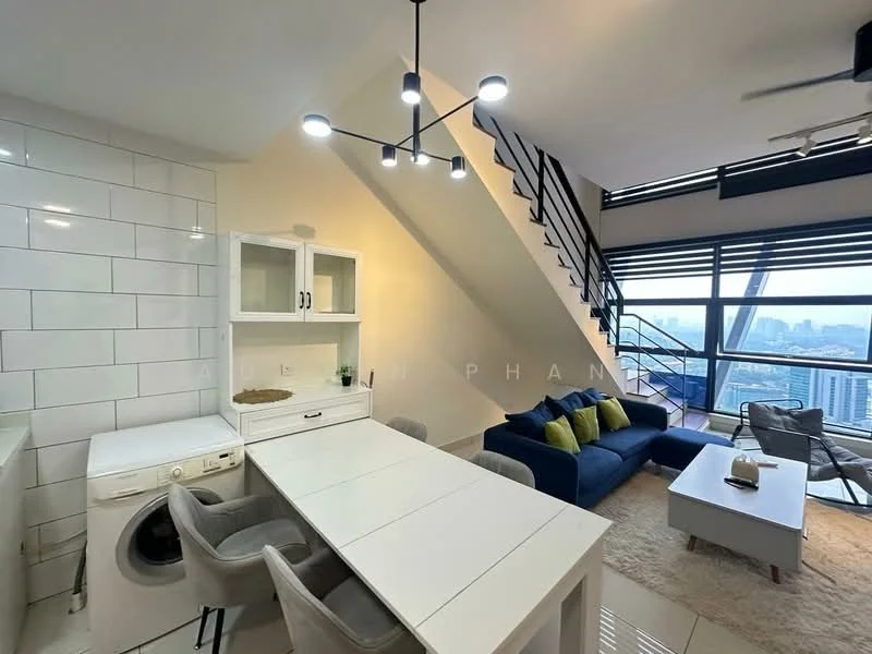 Living features: sofa in navy blue, 2-seater sofa in grey, coffee table in white, area rug in cream, floor-to-ceiling windows, city skyline view, ceiling fan, pendant light fixture, open-plan layout, wall-mounted TV, decorative cushions in green and yellow; style: modern; view: city. Kitchen features: white cabinetry, white tiled backsplash, built-in washing machine, dining table with white surface, grey upholstered dining chairs; style: modern.