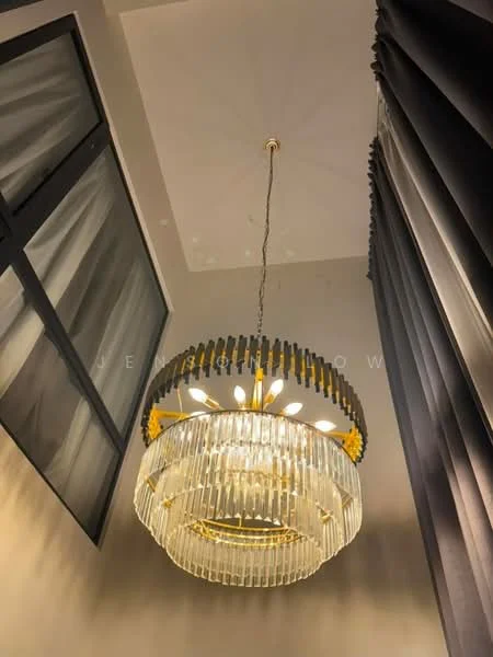 Room features: chandelier with crystal design, gold accents on chandelier, high ceiling, grey curtains, floor-to-ceiling windows, white painted walls; style: modern.