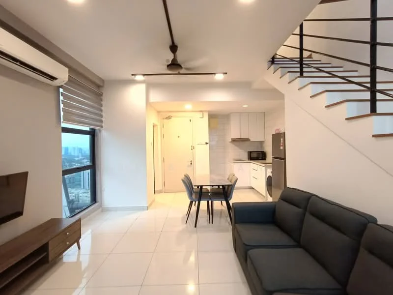Living features: 3-seater fabric sofa in dark grey, wall-mounted TV, TV console, ceiling fan with light, large window with city view, white painted walls, polished tile flooring, recessed downlights; style: modern; view: city. Dining features: 4-seater dining table, upholstered dining chairs, open layout to kitchen, white walls, polished tile flooring; style: modern. Kitchen features: white cabinetry, stainless-steel fridge, built-in microwave, freestanding range oven, single-bowl stainless-steel sink, chrome pull-down faucet, white tiled backsplash, polished tile flooring; style: modern.