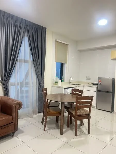 Kitchen features: white cabinets, stainless-steel fridge, white countertop, sink with faucet, ceramic tile flooring, recessed ceiling lights, window with sheer curtains, round dining table, 4 wooden dining chairs, brown leather sofa; style: modern.
