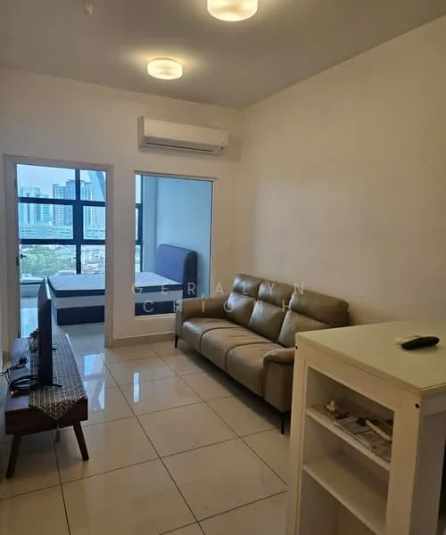 Living features: 3-seater leather sofa in beige, wall-mounted TV, coffee table, white painted walls, tile flooring, 1 wall-mounted split AC, floor-to-ceiling windows, sheer curtains, decorative mirror, area rug, light fixtures with circular design; style: modern; view: city.