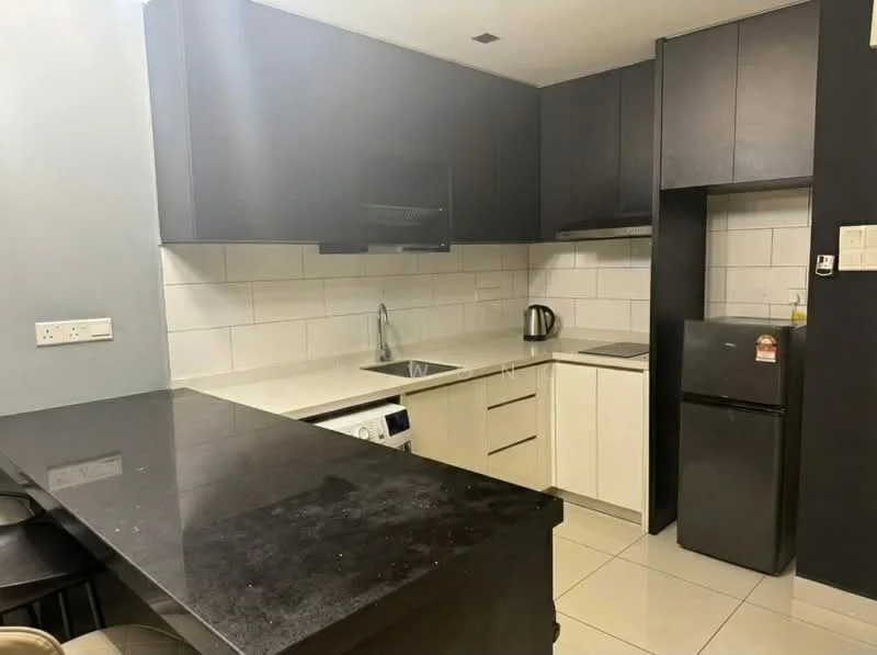 Kitchen features: black granite countertop, white cabinetry, stainless-steel sink, chrome pull-down faucet, built-in oven, electric stove, black refrigerator, kettle, washing machine, white tiled backsplash, grey wall cabinets, bar seating area, ceramic tile flooring, recessed downlights; style: modern.