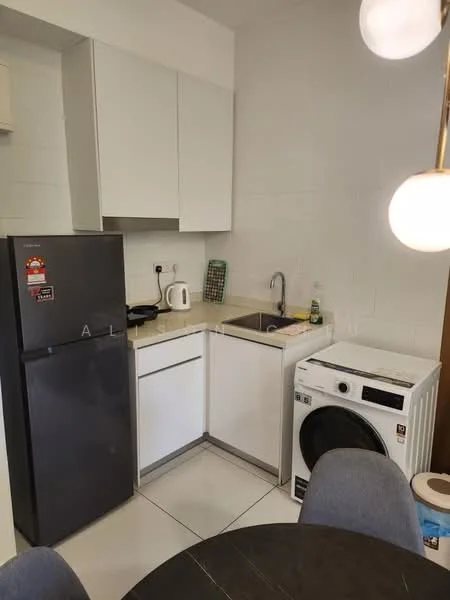 Kitchen features: white cabinetry, stainless-steel sink, chrome pull-down faucet, grey fridge, built-in oven, white countertop, ceramic tile flooring, front-load washing machine, kettle, microwave, dining table, grey upholstered chairs; style: modern.