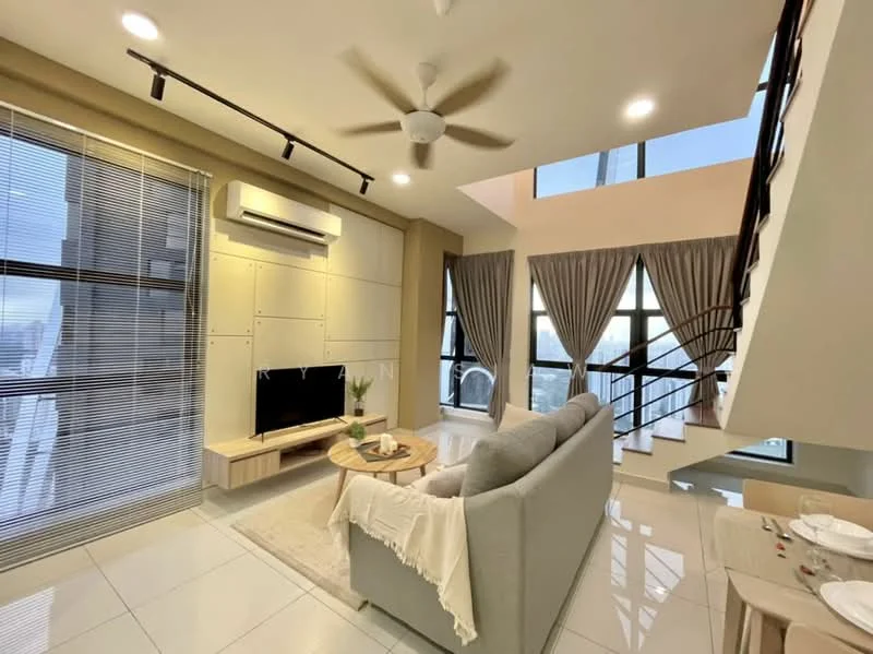 Living features: 3-seater fabric sofa in light grey, coffee table, wall-mounted TV, TV console, floor-to-ceiling windows, sheer curtains, recessed downlights, 5-blade ceiling fan, air conditioning unit, decorative wall paneling, light-colored tiled flooring, area rug; style: modern; view: city.