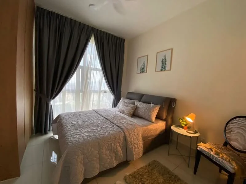 Bedroom features: queen-size bed with grey upholstered headboard, white bedding with decorative quilt, floor-to-ceiling windows with sheer curtains, dark grey curtains, nightstand with lamp, decorative chair, area rug, built-in wardrobe with wooden finish, wall-mounted artwork with plant theme; style: modern; view: city.
