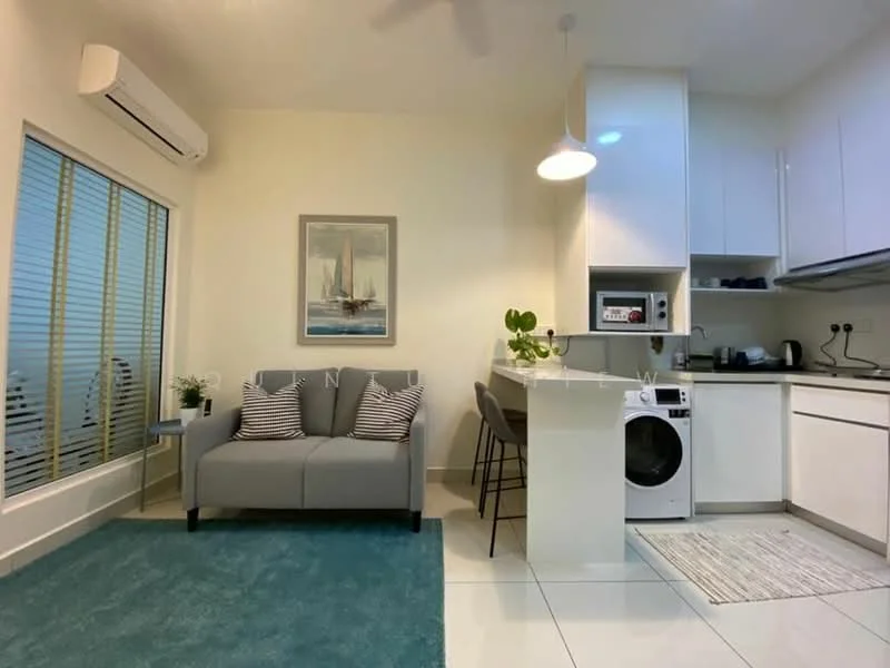 Living features: grey fabric sofa, 2 decorative cushions, area rug in teal, wall-mounted air conditioning unit, pendant light fixture, white cabinetry, built-in microwave, washing machine, countertop, bar stools, floor-to-ceiling windows with blinds, framed artwork, ceramic tile flooring, recessed lighting; style: modern; view: city.