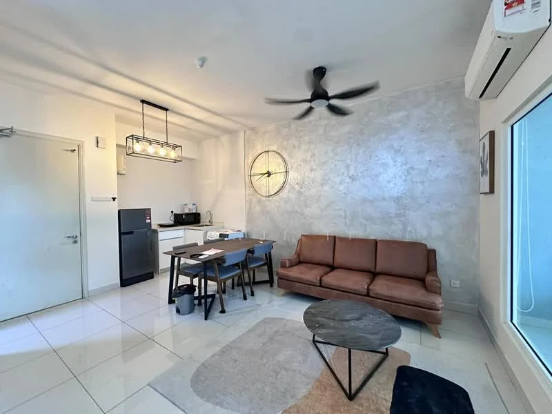 Living features: 3-seater brown leather sofa, round coffee table, dining table with 4 chairs, ceiling fan, recessed downlights, white painted walls, grey accent wall, tile flooring, floor-to-ceiling windows, air conditioning unit, decorative wall clock; style: modern. Kitchen features: stainless-steel fridge, built-in microwave, white cabinetry, black countertop, kitchen island, sink, stainless-steel range hood, 4-burner gas hob; style: modern.