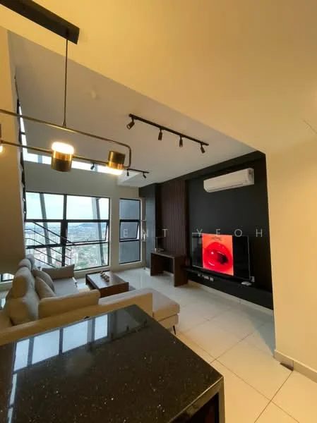 Living features: 3-seater fabric sofa in light grey, coffee table, TV console, wall-mounted TV, floor-to-ceiling windows, recessed LED downlights, ceiling-mounted track lighting, wall-mounted air conditioning unit, dark wood feature wall, white painted walls, tile flooring; style: modern; view: city. Kitchen features: black granite countertop, open-plan layout, bar seating area; style: modern.
