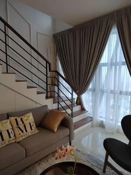 Living features: grey fabric sofa, decorative cushions with text, round coffee table, area rug, curtains with sheer panels, floor-to-ceiling windows, staircase with metal railing, wooden steps, wall paneling, decorative plants in vase; style: modern; view: city.