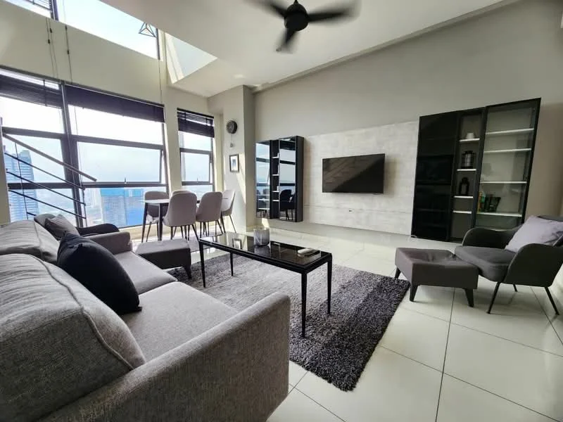 Living features: 3-seater fabric sofa in grey, 2-seater armchair in grey, black coffee table, area rug in dark grey, wall-mounted TV, black TV console, floor-to-ceiling windows, city skyline view, recessed downlights, ceiling fan, dining table with 4 chairs, decorative wall clock; style: modern; view: city.