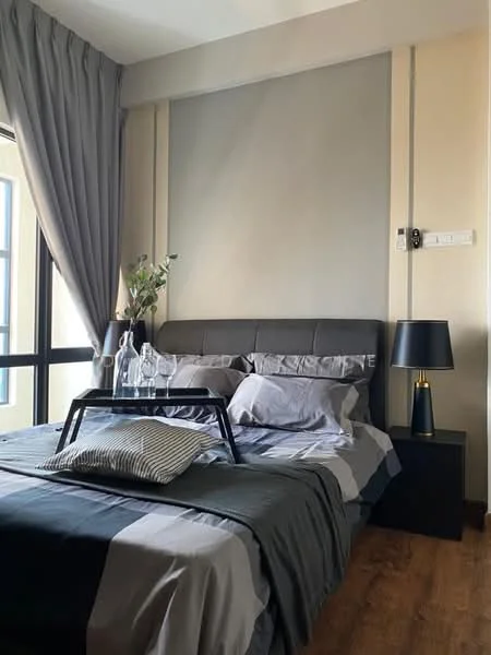 Bedroom features: queen-size bed with grey upholstered headboard, grey and black striped bedding, black bedside table, black table lamp, decorative glass vases, floor-to-ceiling window with sheer curtains, wooden flooring, accent wall in grey, wall-mounted electrical outlet; style: modern.