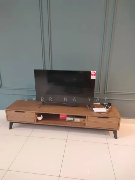 Living features: flat-screen TV, wooden TV console, white glossy floor tiles, green accent wall with paneling, two drawers in TV console, open shelf in TV console, decorative items on console; style: modern.