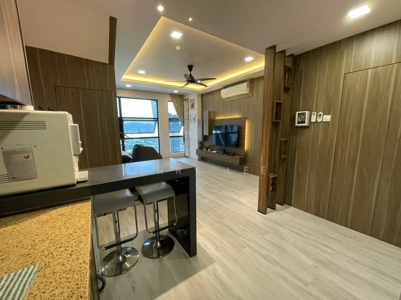 Living features: wood panelled walls, recessed ceiling with LED lighting, ceiling fan, wall-mounted TV, TV console, floor-to-ceiling windows, city view, laminate flooring, sofa, coffee table, decorative shelving; style: modern; view: city. Kitchen features: granite countertop, bar stools, microwave, open layout, kitchen cabinetry; style: modern.
