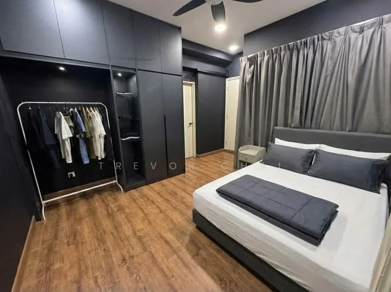 Bedroom features: queen-size bed with grey upholstered headboard, white bedding with grey throw blanket, dark wood flooring, black feature wall, built-in wardrobe with sliding doors, hanging clothes rack, nightstand with drawer, ceiling fan, recessed ceiling lights, curtains in grey fabric; style: modern.