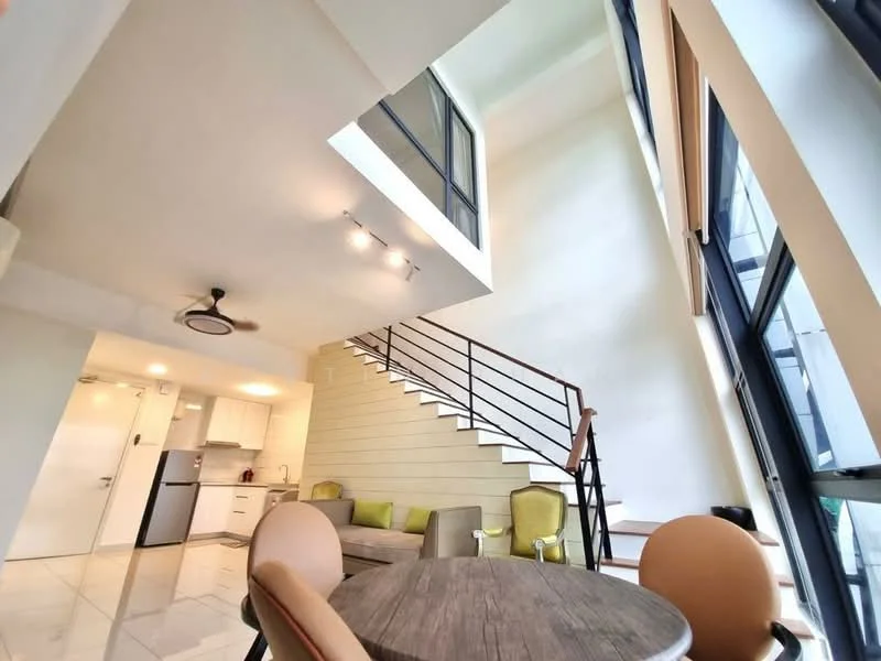 Living features: double-height ceiling, large floor-to-ceiling windows, white painted walls, marble tile flooring, 5-blade ceiling fan with light, L-shape sectional sofa in grey, round dining table, upholstered dining chairs, staircase with metal railing, recessed lighting, open layout to kitchen, decorative wall paneling; style: modern; view: city. Kitchen features: white cabinetry, stainless-steel appliances, granite countertop, built-in oven, freestanding range oven, microwave, refrigerator, open layout to living area; style: modern.