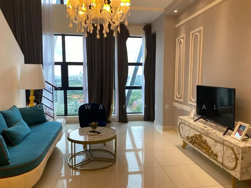 Living features: 3-seater fabric sofa in blue, round coffee table with metallic base, TV console with marble finish, wall-mounted TV, chandelier with multiple bulbs, floor-to-ceiling windows, grey curtains, white painted walls with decorative moulding, glossy tile flooring; style: modern; view: city.
