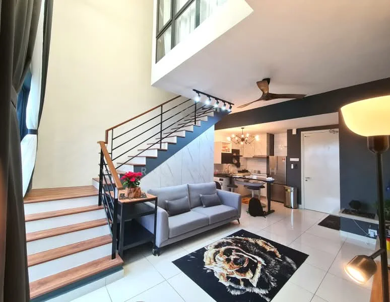 Living features: sofa in light grey fabric, area rug with animal print, wooden staircase with metal railing, high ceiling, pendant light fixture, floor-to-ceiling windows, wall-mounted TV, decorative plant, coffee table, recessed downlights; style: modern. Kitchen features: open kitchen layout, stainless-steel appliances, kitchen island, white cabinetry, black countertop, tile backsplash, refrigerator, built-in oven, microwave; style: modern.
