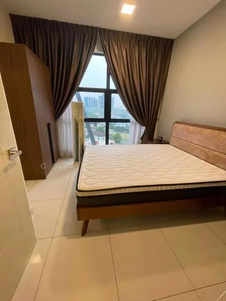 Bedroom features: king-size bed, wooden bed frame, mattress without bedding, floor-to-ceiling window, brown curtains, wooden wardrobe, white tiled flooring, nightstand, decorative wall, city view; style: modern; view: city.