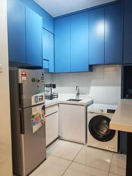 Kitchen features: blue cabinetry, white countertop, single-bowl stainless-steel sink, chrome pull-down faucet, stainless-steel fridge, built-in oven, front-load washing machine, ceramic tile flooring, white tiled backsplash, open shelving, under-cabinet lighting; style: modern.