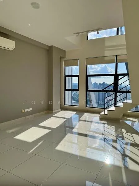 Living features: white painted walls, glossy ceramic tile flooring, floor-to-ceiling windows, sliding glass door, 1 wall-mounted split AC, recessed downlights, staircase with metal railing, city view; style: modern; view: city.