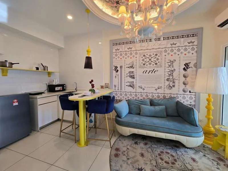 Kitchen features: white tiled walls, grey cabinetry, stainless-steel fridge, built-in microwave, 4-burner gas hob, single-bowl stainless-steel sink, chrome pull-down faucet, yellow open shelving, white countertop, pendant light, chandelier, blue upholstered sofa, round dining table, blue upholstered dining chairs, decorative wall art; style: modern.