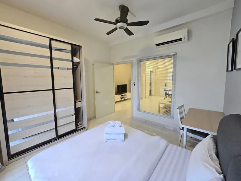 Bedroom features: king-size bed with white bedding, upholstered headboard, 2 white towels on bed, ceiling fan with light, wall-mounted split AC, built-in wardrobe with sliding doors, wooden flooring, window with blinds, study desk with chair, TV console visible in adjacent room; style: modern.