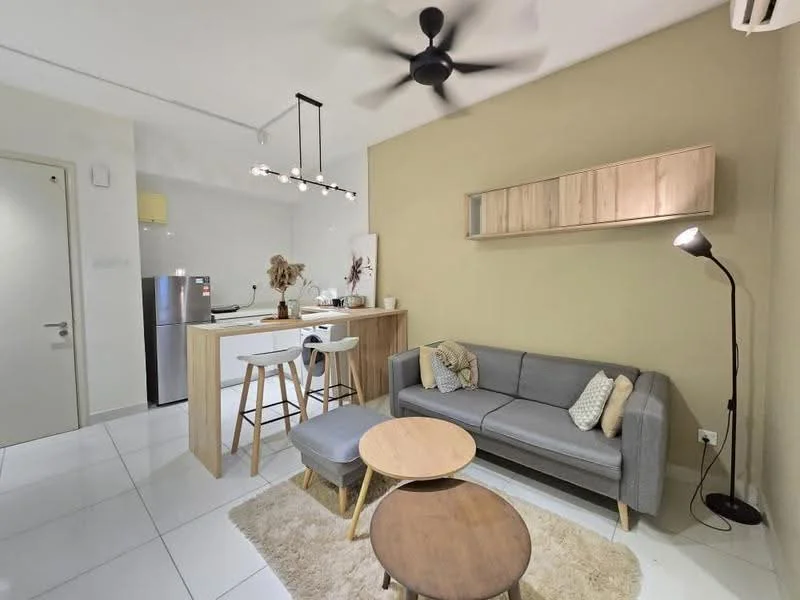 Living features: 3-seater fabric sofa in grey, wooden coffee table, round coffee table, area rug, floor lamp, ceiling fan with light, wall-mounted TV, open shelving unit, white walls, tile flooring, kitchen island with bar stools, refrigerator; style: modern.
