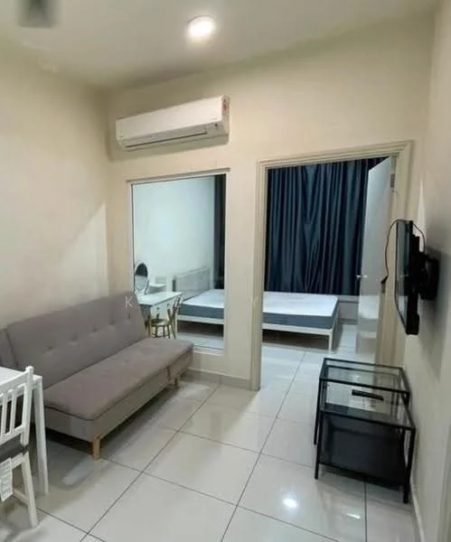 Living features: grey fabric sofa, white dining table with chairs, wall-mounted TV, wall-mounted air conditioning unit, white tiled flooring, recessed ceiling lights, mirror on wall, black side table; style: modern. Bedroom features: unmade bed frame without mattress, floor-to-ceiling curtains, white painted walls, white tiled flooring; style: modern.