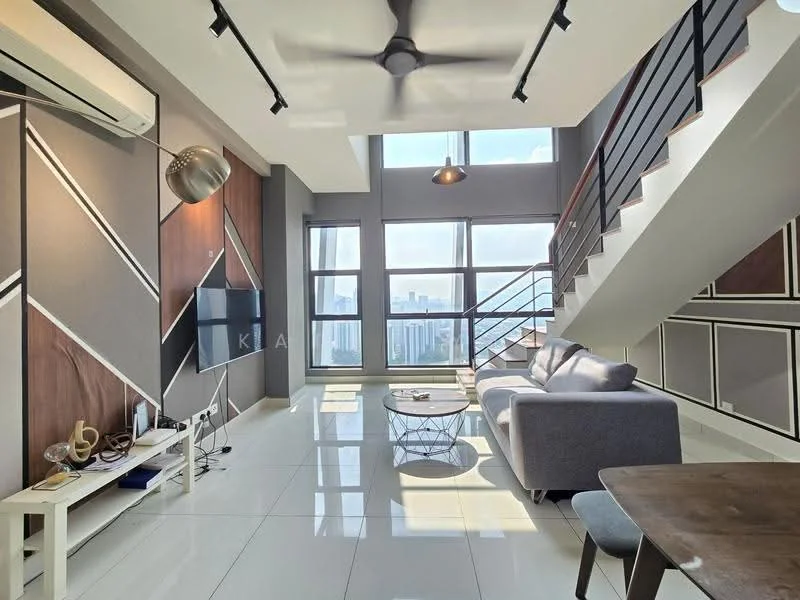 Living features: white painted walls, geometric accent wall with wood and grey panels, large floor-to-ceiling windows, grey fabric sofa, round coffee table, TV console, wall-mounted TV, white tiled flooring, ceiling fan, air conditioning unit, decorative accessories on shelves; style: modern; view: city.