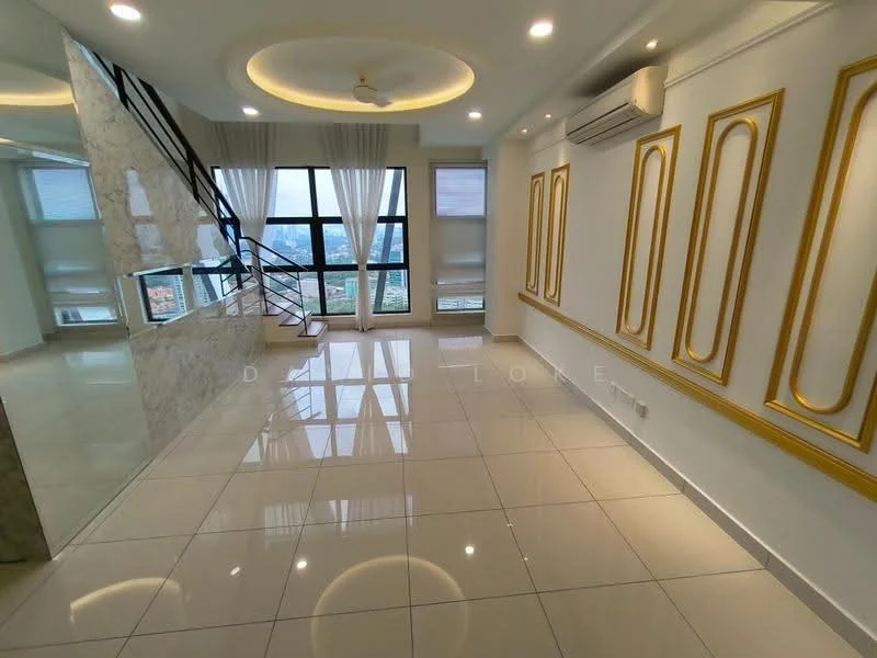 Living features: white painted walls with gold trim, marble accent wall, large floor-to-ceiling windows, city view, glossy ceramic tile flooring, recessed downlights, ceiling fan, curtains, open layout, staircase with black railing; style: modern; view: city.