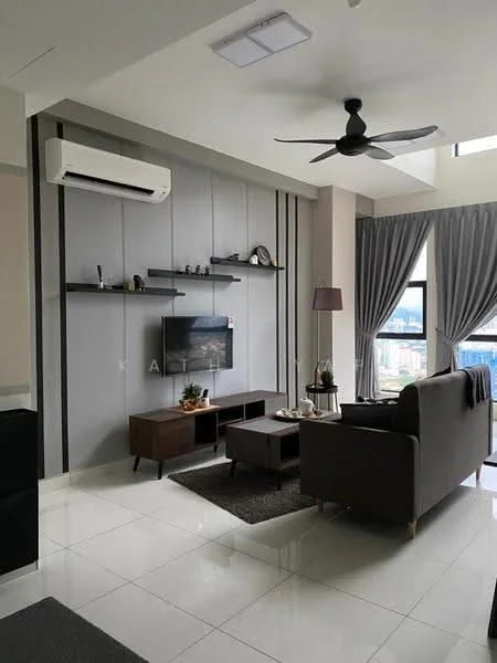 Living features: white painted walls, grey accent wall, polished tile flooring, 5-blade ceiling fan with light, wall-mounted TV, wooden coffee table, 2-seater fabric sofa in dark grey, decorative shelf with items, area rug with geometric pattern, floor-to-ceiling windows with sheer curtains; style: modern; view: city.