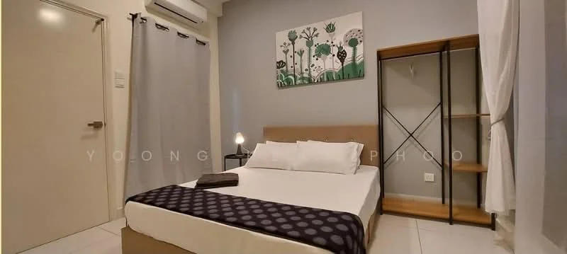 Bedroom features: queen-size bed with upholstered headboard, white bedding, black and white polka dot throw blanket, nightstand with lamp, open shelving unit, grey painted walls, white curtains, air conditioning unit, floor tiles, decorative wall art with floral design; style: modern.