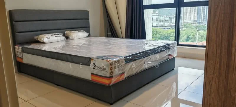 Bedroom features: king-size bed, upholstered headboard, mattress with protective cover, two decorative pillows, floor-to-ceiling windows, curtains, glossy tile flooring, view of city skyline, neutral wall color, nightstand, built-in wardrobe; style: modern; view: city.