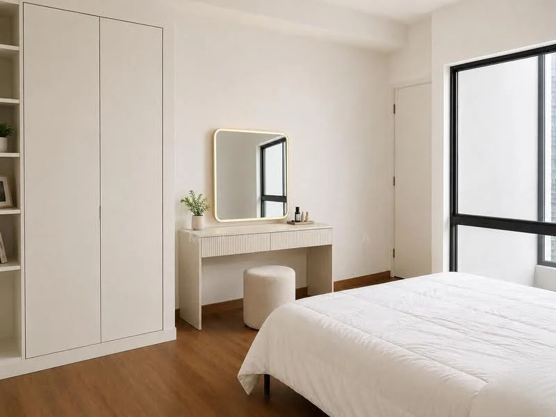 Bedroom features: queen-size bed with white bedding, light wood flooring, white painted walls, built-in wardrobe with sliding doors, dressing table with round mirror, stool at dressing table, floor-to-ceiling window, natural light from window, decorative plant on dressing table; style: modern.
