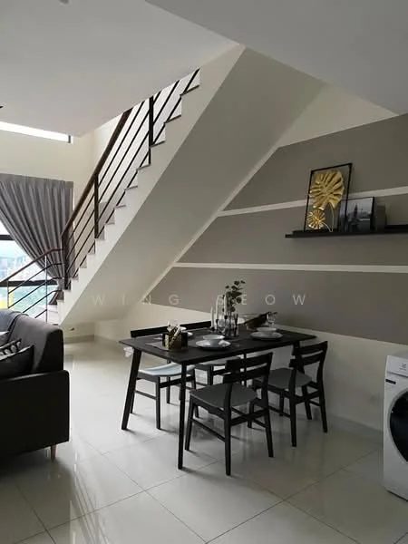 Dining features: dining table with 4 black chairs, grey accent wall, white painted walls, large window with sheer curtains, decorative wall shelf, decorative wall art, recessed lighting, ceramic tile flooring; style: modern; view: city. Living features: grey fabric sofa, coffee table, floor-to-ceiling windows, curtains, white walls, staircase with wooden railing, decorative plant, washing machine, open layout; style: modern; view: city.