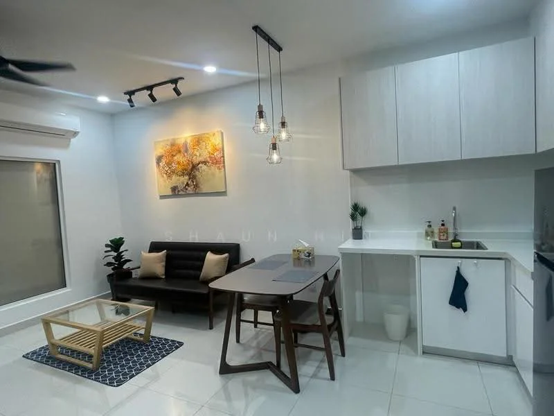 Living features: white painted walls, glossy tile flooring, 5-blade ceiling fan with light, recessed LED downlights, sofa in black fabric, wooden coffee table, area rug with geometric pattern, dining table for two, pendant lights, kitchen cabinetry in light wood, stainless-steel sink, countertop in white, built-in kitchen appliances, window with sheer curtains; style: modern.
