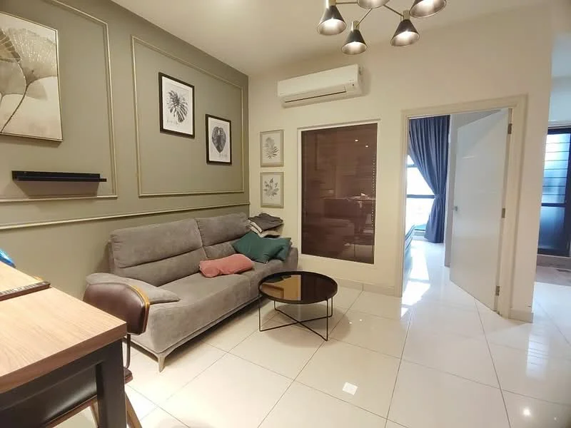 Living features: grey fabric sofa, round coffee table, wall-mounted artwork, green accent wall with decorative moulding, white tiled flooring, air conditioning unit, recessed lighting, curtains, doorway leading to another room; style: modern.