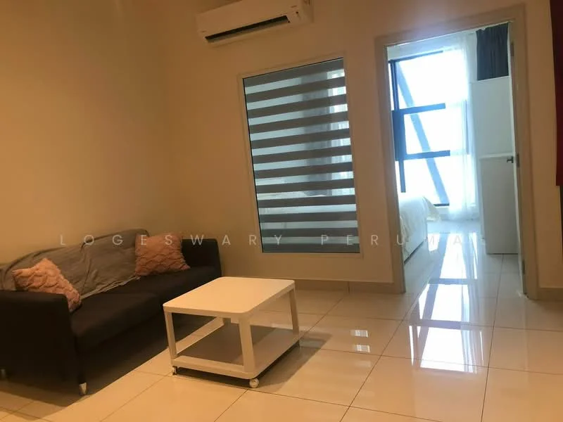 Living features: grey fabric sofa, white coffee table, white walls, glossy tile flooring, wall-mounted split AC, floor-to-ceiling windows with sheer curtains, natural light from windows, neutral decor; style: modern. Room features: doorway leading to another room, light-colored walls, glossy tile flooring.
