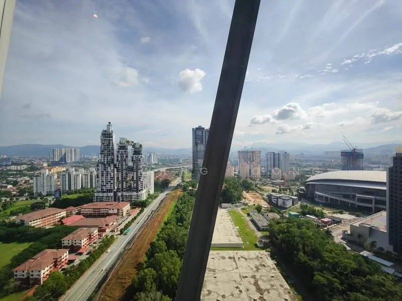 Exterior type: high-rise condominium; features: city skyline view, surrounded by urban development, nearby sports arena, visible road infrastructure, mixed-use buildings, green landscaping, construction activity in the background; style: modern.
