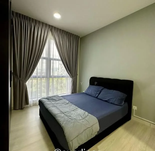 Bedroom features: king-size bed, upholstered headboard, grey bedding, floor-to-ceiling windows, sheer curtains, laminate flooring, light grey painted walls, recessed downlights; style: modern; view: city.