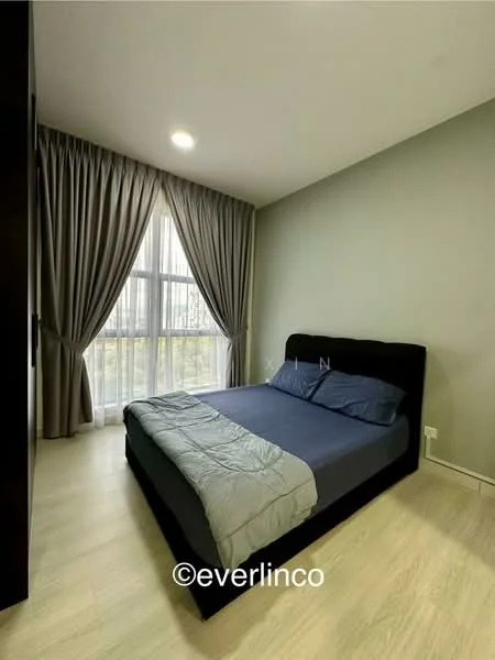 Bedroom features: king-size bed with black upholstered headboard, grey bedding, floor-to-ceiling windows, sheer curtains, light grey painted walls, laminate flooring, recessed downlights, decorative wall, built-in wardrobe; style: modern; view: garden.