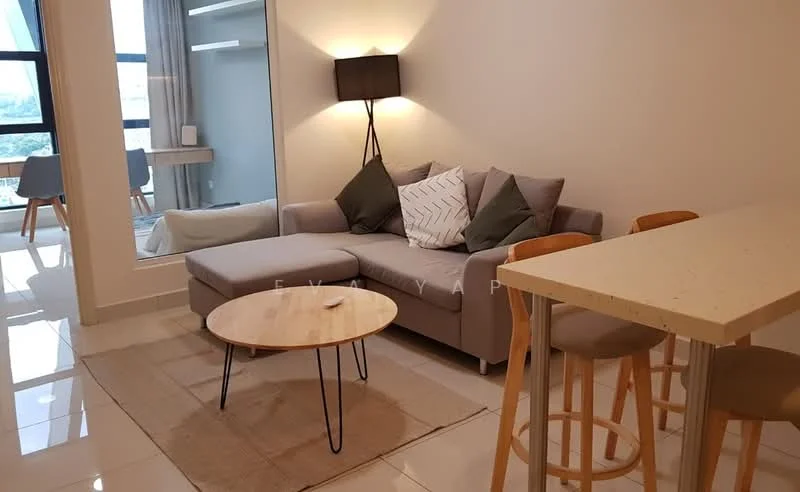 Living features: L-shape sectional sofa in grey, decorative cushions in various colors, round coffee table, area rug, floor lamp, wall-mounted TV, large windows with city view, white painted walls, glossy tile flooring, dining table with high stools; style: modern; view: city.