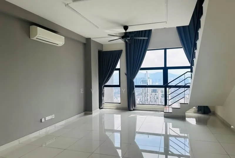 Living features: grey painted walls, white tiled flooring, 5-blade ceiling fan with light, floor-to-ceiling windows, curtains in dark blue, staircase with metal railing, city view, air conditioning unit; style: modern; view: city.